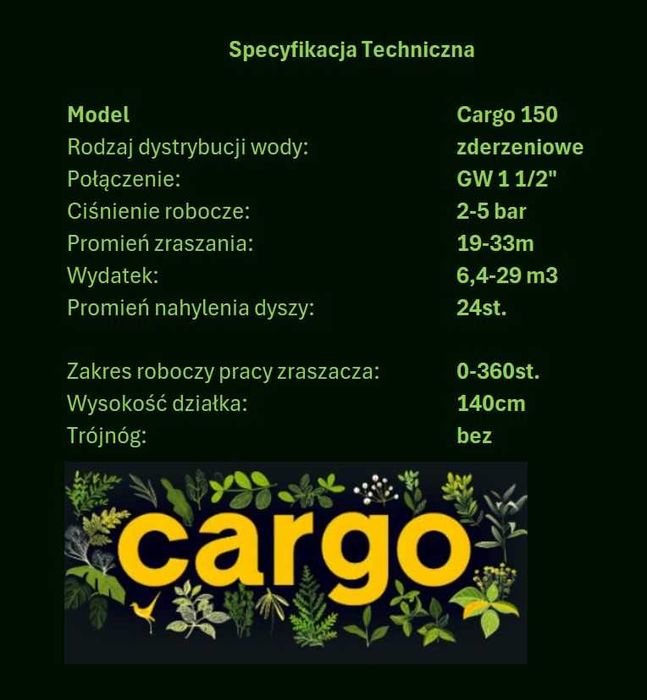 Armatka wodna, zraszacz polowy promień do 33m