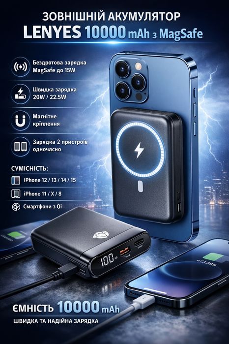 Power Bank LENYES MagSafe  10000 mAh (22.5W / PD20W / Wireless 15W)