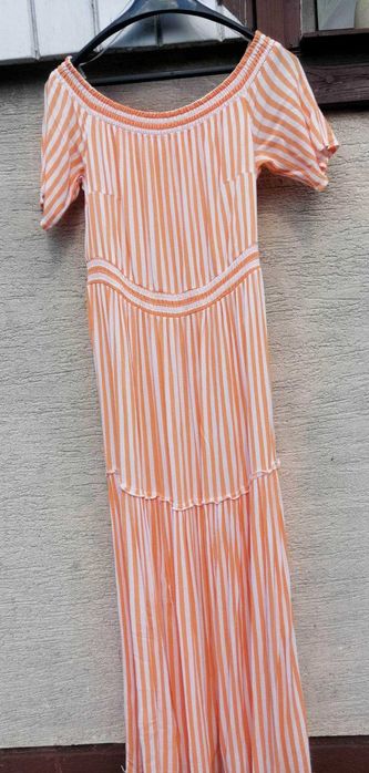 Długa letnia sukienka w paski, carmen, maxi 40/42
