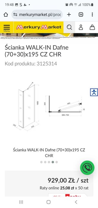 Kabina prysznicowa/ścianka walk in