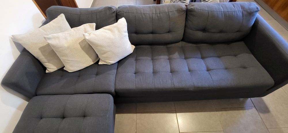 Sofá 3 Lugares Cinza + Puff/Chaise Longue – Muito Bom Estado