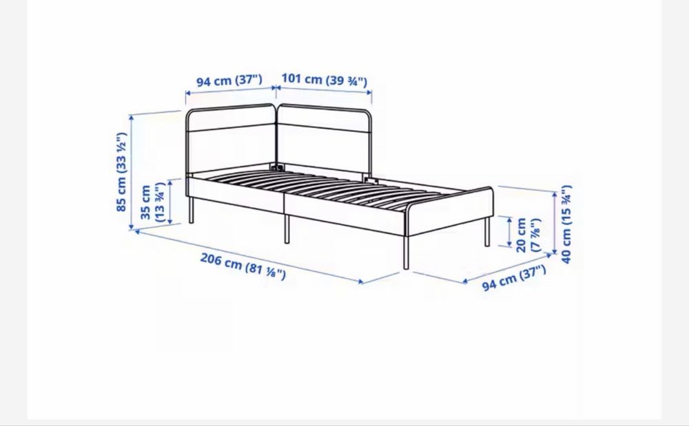 Estrutura de cama estofada IKEA, azul, 90x200 cm
