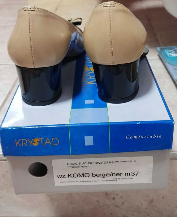 Czółenka damskie nowe, eleganckie beżowo czarne 37  Krystad