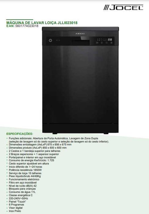 Máquina de Lavar Loiça Inox Preto 15 talheres Jocel