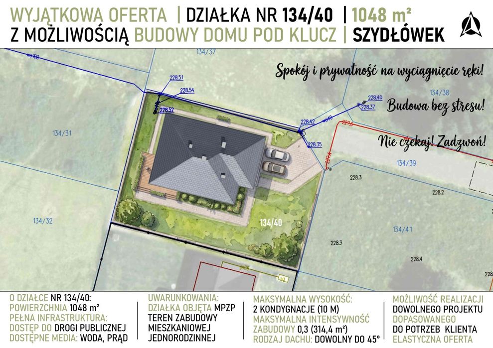 Działka 1048 m² + Budowa domu „pod klucz” (Szydłówek) | Twój projekt lub „Dom w Renklodach 15 (G2)”