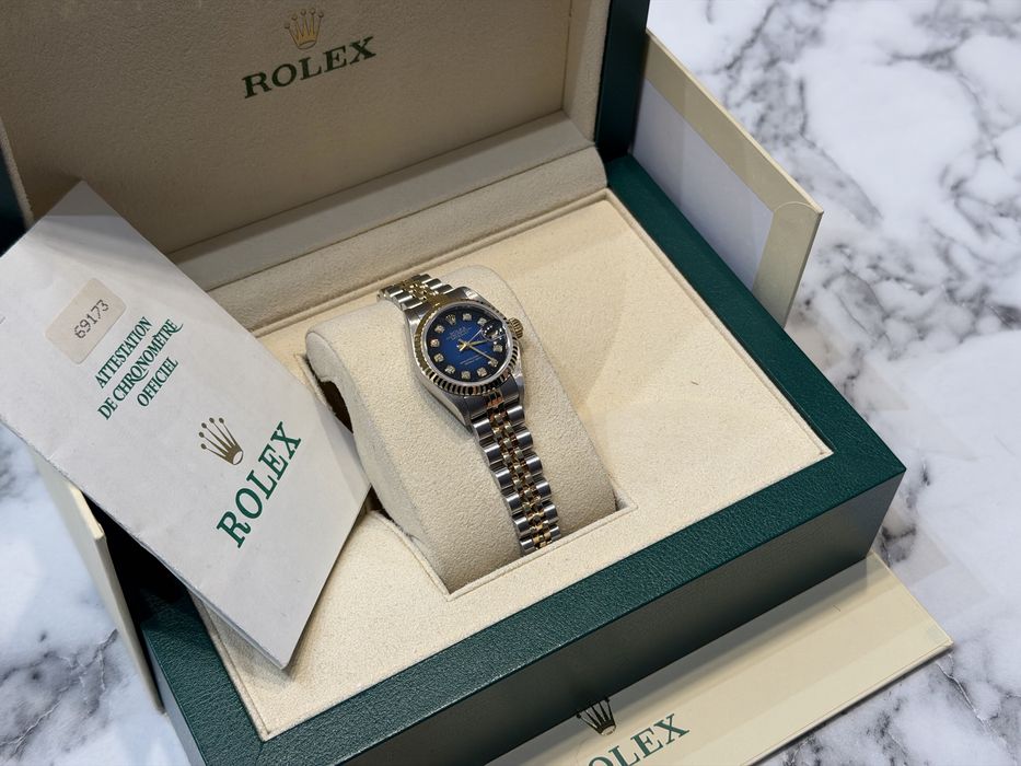 Rolex Datejust 26 mm stal/złoto piękna niebieska tarcza z diamentami