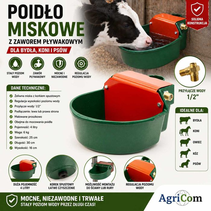 Poidło żeliwne pływakowe dla bydła, owiec, psów koni 4 l, z korkiem