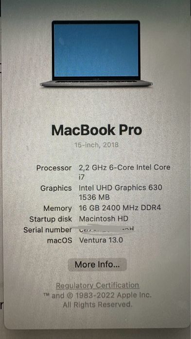 Macbook Pro 15 Polegadas 2,2 GHz 6-Core Intel Core i7