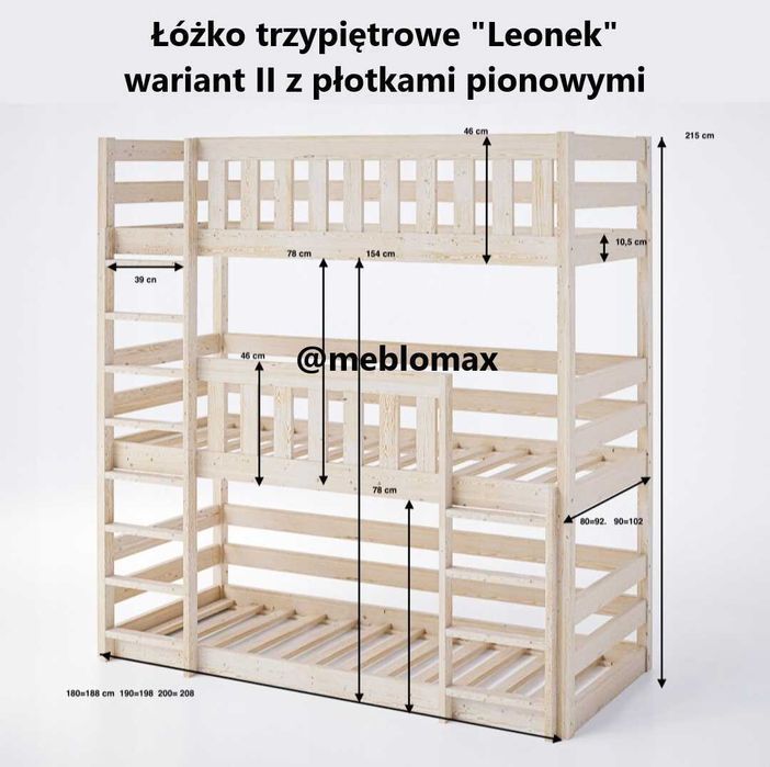 Stabilne mocne łóżko trzypiętrowe trzyosobowe sosnowe drewniane LEONEK
