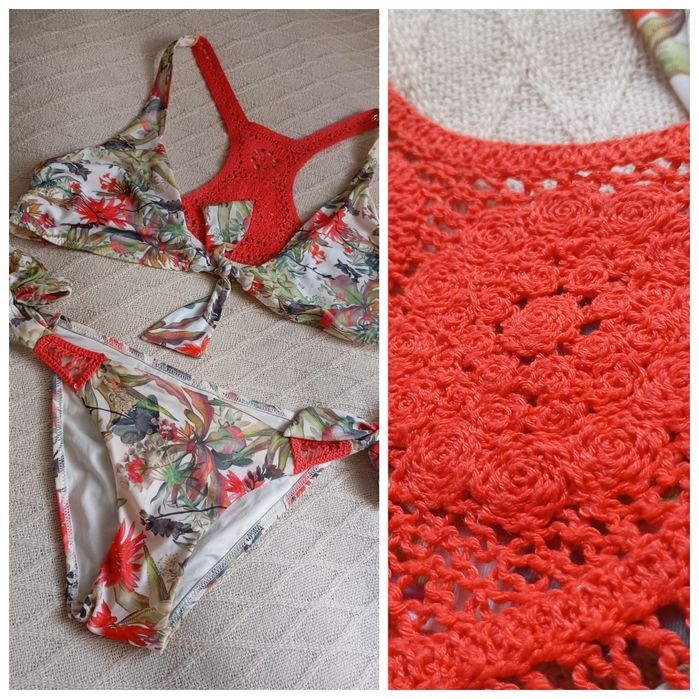 CALZEDONIA L -XL jaskrawy strój kąpielowy szydełkowa robótka