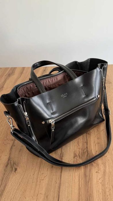 Céline-style Tote Bag – Black Leather, Multiple Pockets