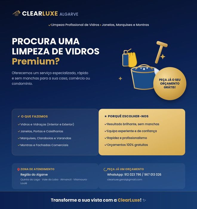 Limpeza Profissional de Vidros e Janelas — Algarve | Orçamento Grátis | ClearLuxe Algarve