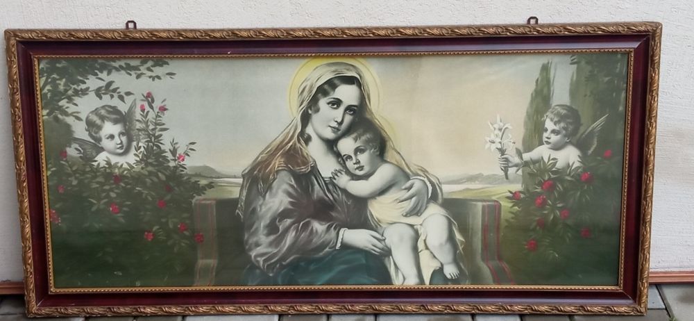 Obraz Matki Bozej z dzieciątkiem. Wymiary dł.130 szer 60 cm.