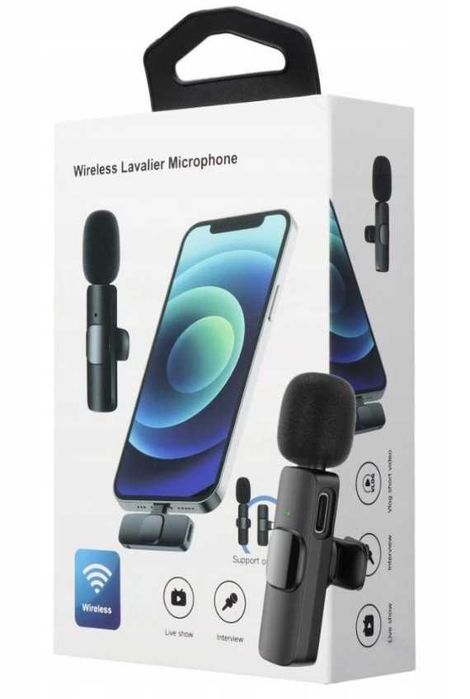 ZESTAW MIKROFON bezprzewodowy krawatowy USB-C + przejściówka IOS Pasuje do iPhone’ów od modelu 5 do 14 włącznie