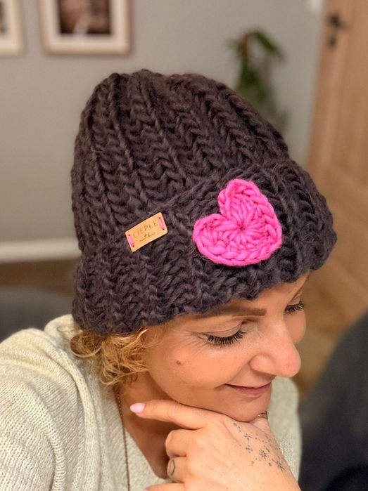 Czapka ręcznie dziergana wełna merino 100%