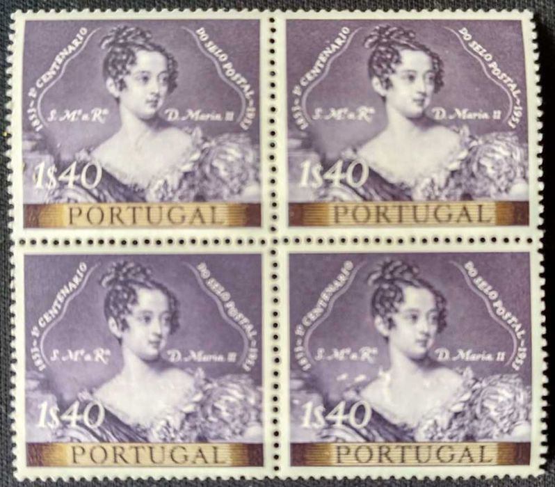 Quadra de selos novos de 1$40 - 1. Centenário do selo Português - 1953
