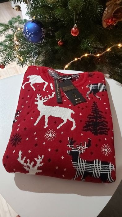 Sweter męski damski męski 60% bawełna święta  czerwony renifer