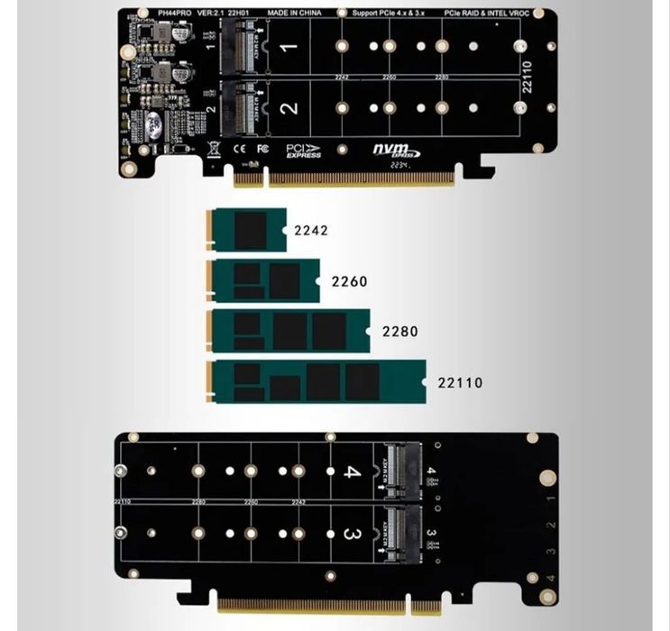 Adapter M.2 NVMe PCIe 4.0 x16 na 4x Dysk SSD | NOWY | PH44PRO