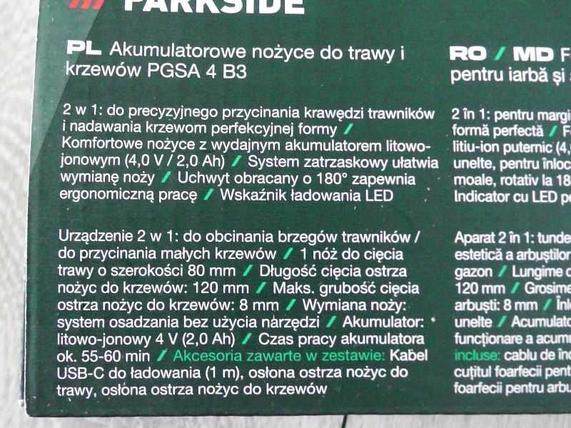 Nożyce do trawy i krzewów Parkside Akumulatorowe