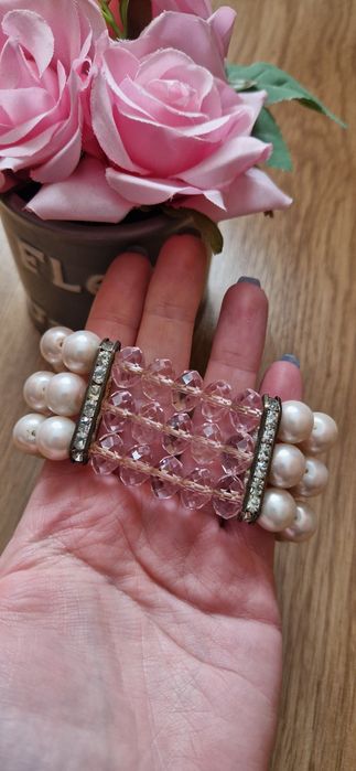 Bransoletka różowa, perełki, koraliki