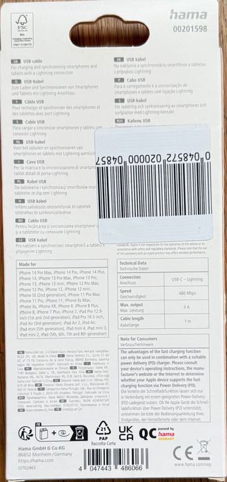 Cabo Hama USB C para Lightning- novo, 3 anos de garantia