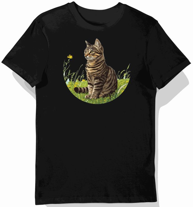 Koszulka męska czarna z motywem kota bezogona w jasnym polu XL