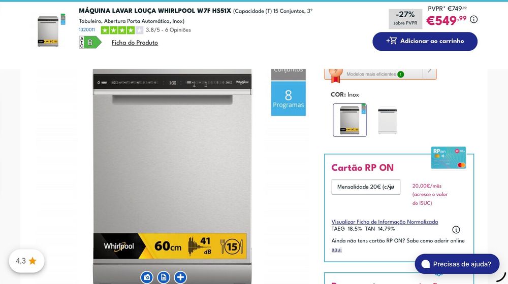 MÁQUINA LAVAR LOUÇA WHIRLPOOL W7F HS51X (Capacidade (T) 15 Conjuntos, 3º Tabuleiro, Abertura Porta Automática, Inox)