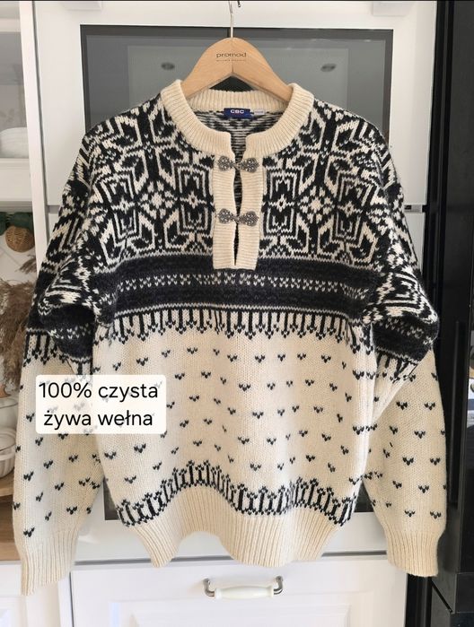 Sweter wełniany norweski M gruby i ciepły