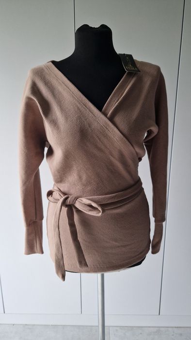 Sweter kopertowy wiązany w pasie DIMA FASHION | Beżowy/Camel | Rozmiar