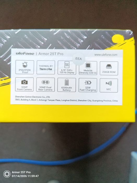 Ulefone Armor 25T Pro.
Візуальні збіги
Про це зображення
Огляд від ШІ



+13
На зображенні показано коробку смартфона Ulefone Armor 25T Pro