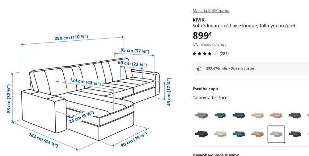 SOFÁ KIVIK 3 lugares com chaise longue + Repousa Pés