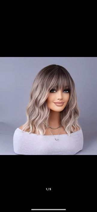 Nowa peruka damska blond balejaż z grzywką krótka bob naturalna fale