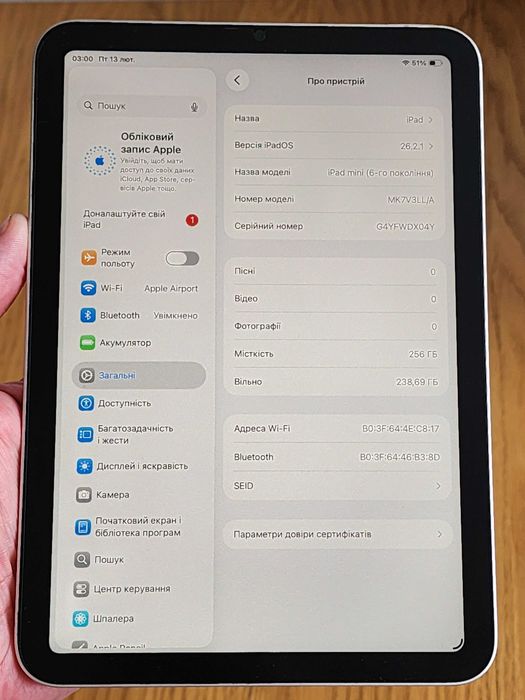 Apple iPad mini 6 Wi-Fi 256GB Space Gray (MK7M3) Акб 96%