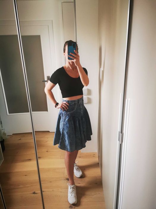 Spódnica jeans vintage wysoki stan dżety drapowana