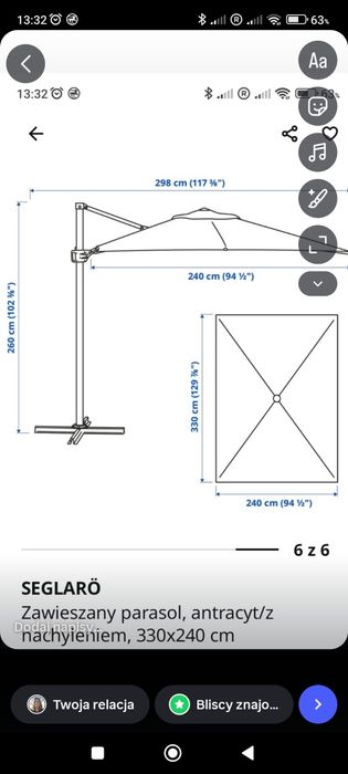 Parasol ogrodowy IKEA 330cmx240cm