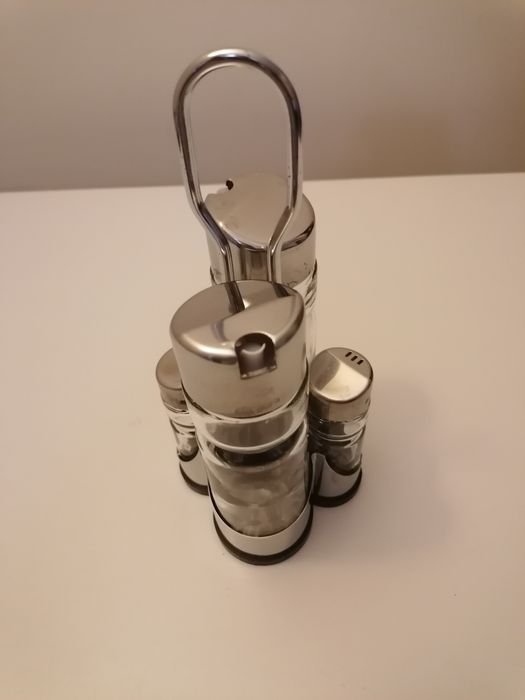Galheteiro 4 peças, vidro e aço
