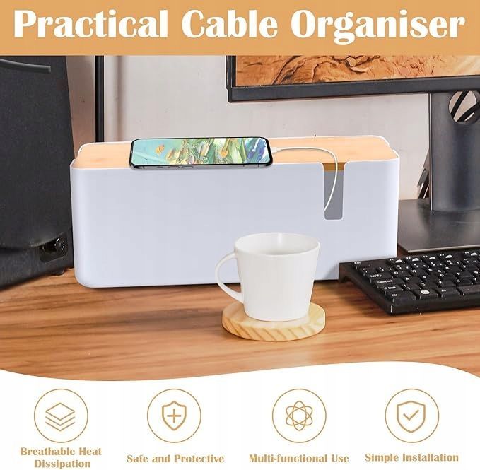 vfandv pudełko z pokrywą na kable organizer biały/drewniany plastik