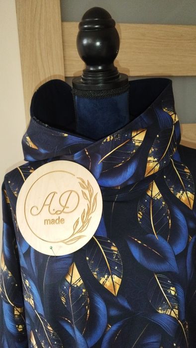 Piękna bawełniana bluza damska z kapturem Plus size 46 48  2Xl na jesień Granatowo złote liście
