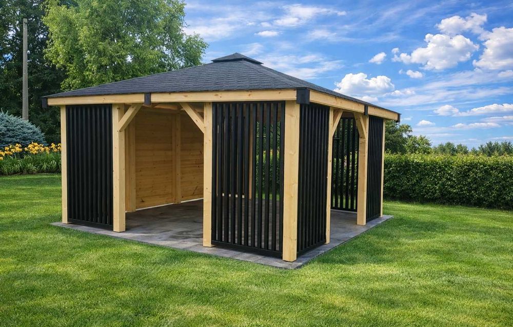 drewniana altana ogrodowa nowoczesna 4x4 do ogrodu na działkę montaż