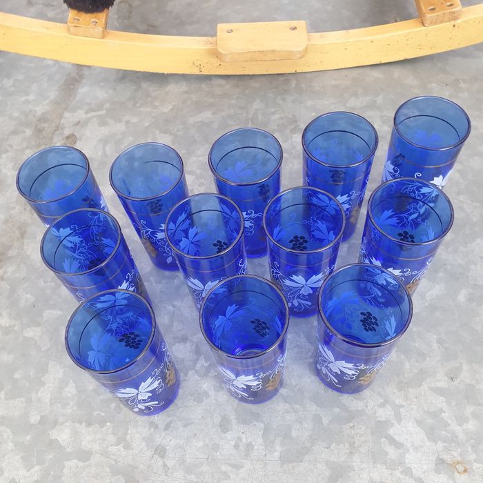 Vintage Blue Juice Glasses with grape and flower design Italy 35