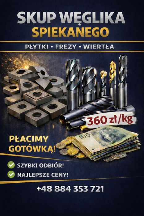 360 zł/kg - Skup węglika spiekanego -  płytki, frezy, wiert