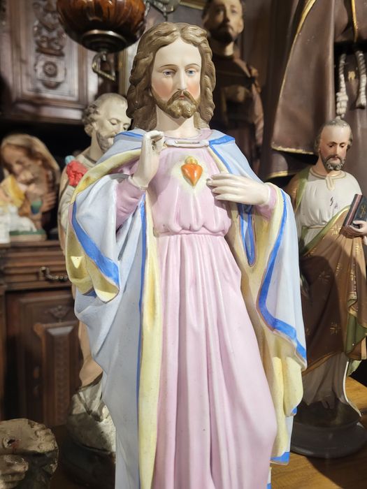 Duża zabytkowa figura Najświętsze Serce Pan Jezus porcelana Andenne