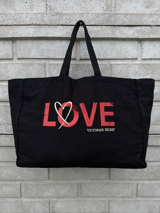 Duża, czarna torba shopperka, tote shopper bag z cekinami Victoria’s Secret Love