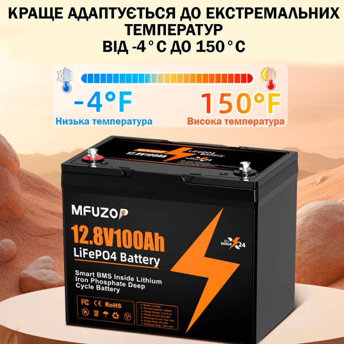 Акумулятор LiFePO4 MFUZOP-04 12,8V 100Ah з BMS, літ-зал-фосф батарея
