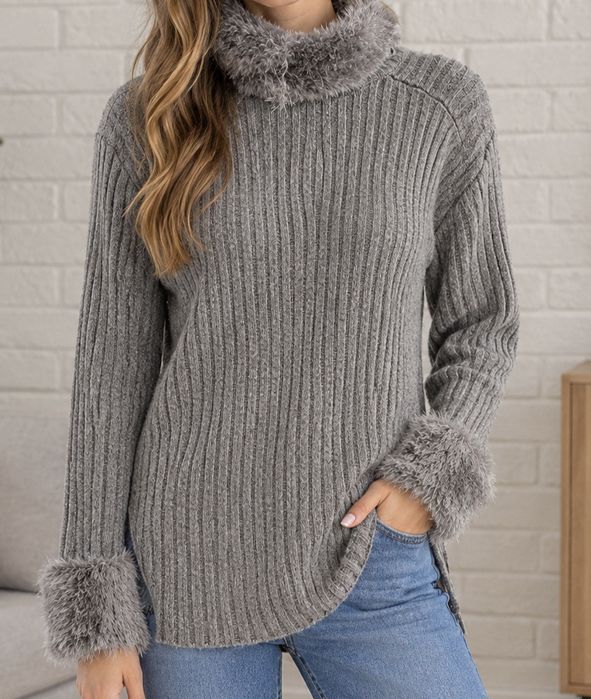 Szary sweter prążkowany z futerkiem Y2K golf vintage | Grey Ribbed Fur Sweater cena do neg