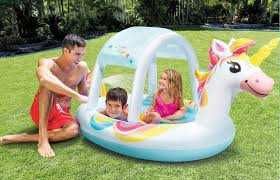 Basen dmuchany z daszkiem zraszaczem Intex 254x132 jednorożec fontanna