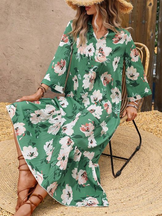 Sukienka Letnia Boho W Kwiaty Z Kołnierzykiem Maxi Zielona Shein L