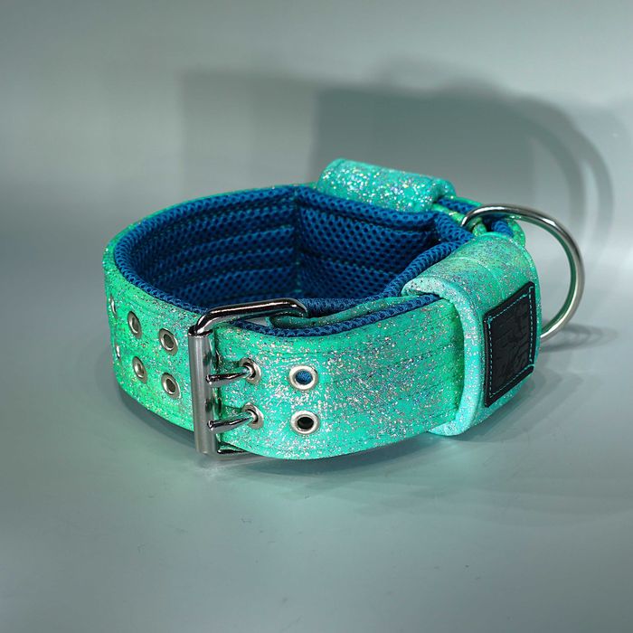 Brokatowa TURKUSOWA obroża dla psa 5 cm — PREMIUMcomfort