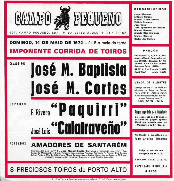 Desdobrável antigo TOURADA CAMPO PEQUENO - 1972 - toiros