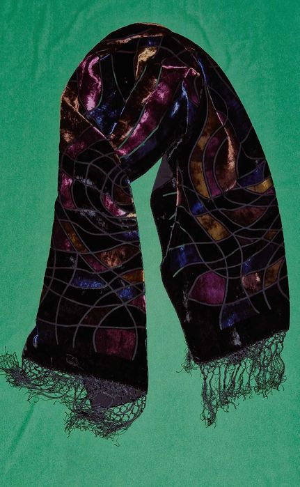 włoski ogromy retro jedwabny szal welur 100% JEDWAB silk kolor NO NAME